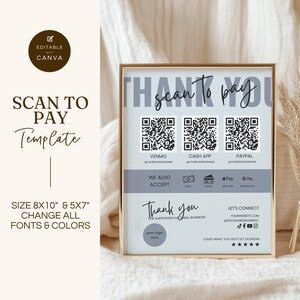 Scan-to-Pay-tekensjabloon, QR-codebord voor kleine bedrijven, bewerkbare canva-sjabloon, CashApp Venmo Zelle digitale betaling, stoffig blauw, GMS008