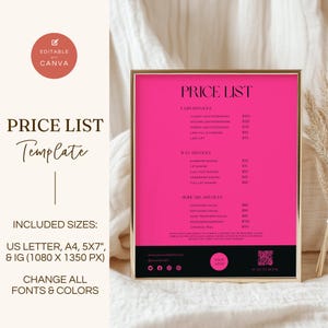 May include: A pink and black price list template for a beauty salon or spa. The template includes prices for lash extensions, waxing, and skincare services. The template is editable and can be customised with your own logo and branding.