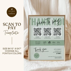 Scan-to-Pay-tekensjabloon, QR-codebord voor kleine bedrijven, bewerkbare canva-sjabloon, CashApp Venmo Zelle digitale betaling, saliegroen, GMS007
