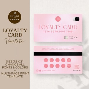 Loyalty Cards for Hairstylist, Nail Tech, Beauty Salon, Credit Card Style, Client Reward Punch Card, Editable Canva Template, Pink, GMS004