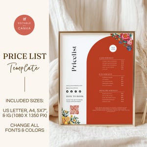 Puede incluir: Una plantilla de lista de precios enmarcada con un diseño blanco y óxido. El texto incluye "Price List Template", categorías de servicios y un código QR. También son visibles acentos florales y el logotipo de Canva.