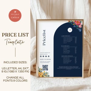 Op de afbeelding: Een blauwe en witte prijslijst sjabloon voor een schoonheidssalon of spa. Het sjabloon heeft een bloemenontwerp en een QR-code voor het boeken van afspraken. De tekst op het sjabloon omvat "Prijslijst", "Wimperdiensten", "Wassen diensten" en "Huidverzorgingsdiensten".