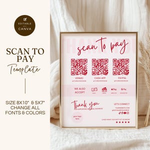 Scan-to-Pay-tekensjabloon, QR-codebord voor kleine bedrijven, bewerkbare canva-sjabloon, CashApp Venmo Zelle digitale betaling, roze en rood, GMS005