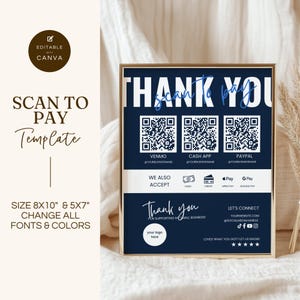 Scan-to-Pay-tekensjabloon, QR-codebord voor kleine bedrijven, bewerkbare canva-sjabloon, CashApp Venmo Zelle digitale betaling, marineblauw, GMS006