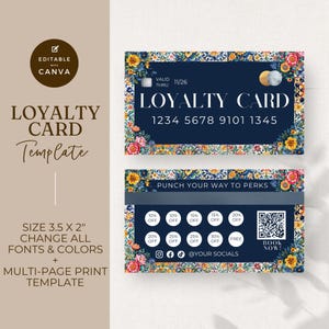 May include: A blue and white loyalty card template with a floral design. The card has a punch card section with discounts ranging from 10% to 30% off, and a free offer. The card also has a QR code and social media icons. The text on the card reads "Loyalty Card", "Punch Your Way to Perks", "Book Now!" and "@Your Socials".