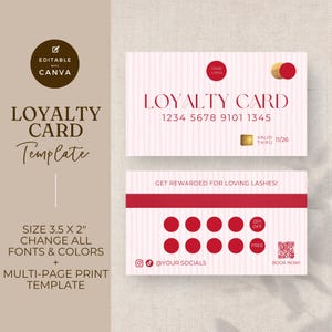 Beauty Loyalty Card Canva Template, Credit Card Style Client Reward Punch Card for Hair, Nail Lash Techs, MUA Business, Pink & Red, GMS005