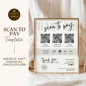 Scan-to-Pay-Schild-Vorlage, QR-Code-Zeichen für kleine Unternehmen, bearbeitbare Canva-Vorlage, CashApp Venmo Zelle Digitale Zahlung, Minimal, GMS001