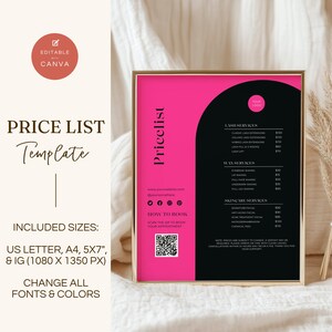 May include: Pink and black price list template for a beauty salon or spa. The template includes a QR code for booking appointments, a list of services with prices, and contact information. The text "Pricelist" is written vertically in white on a black background.