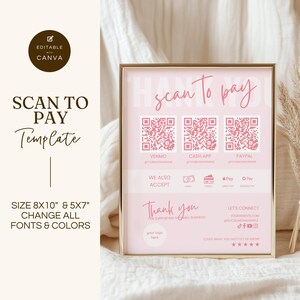 Scan-to-Pay-tekensjabloon, QR-codebord voor kleine bedrijven, bewerkbare canva-sjabloon, CashApp Venmo Zelle Digital Payment, roze, GMS004