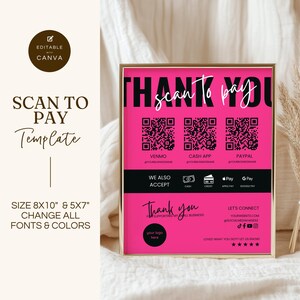 Scan-to-Pay-Schild-Vorlage, QR-Code-Schild für kleine Unternehmen, bearbeitbare Canva-Vorlage, CashApp Venmo Zellen Digitale Zahlung, GMS002