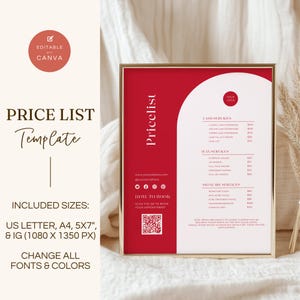 Könnte beinhalten: Eine rote und weiße Preisliste für ein Schönheitssalon oder Spa. Die Vorlage verfügt über ein modernes Design mit einem abgerundeten Bogen und einem QR-Code für die Buchung von Terminen. Der Text enthält die Wörter "Preisliste", "Wimperndienstleistungen", "Wachsleistungen" und "Hautpflegeleistungen".