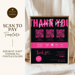 Scan-to-Pay-Schild-Vorlage, QR-Code-Zeichen für kleine Unternehmen, bearbeitbare Canva-Vorlage, CashApp Venmo Digitale Zahlung, Schwarz & Pink, GMS002