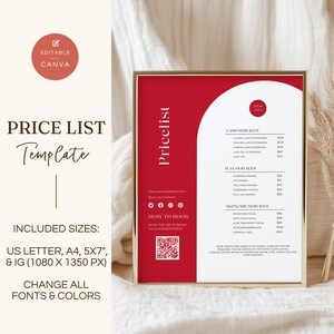 May include: A red and white price list template for a beauty salon or spa. The template features a modern design with a rounded arch and a QR code for booking appointments. The price list includes services such as lash extensions, waxing, and skincare.