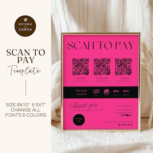 Scan-to-Pay-Zeichenvorlage, QR-Code-Zeichen für kleine Unternehmen, bearbeitbare Canva-Vorlage, CashApp Venmo Zelle Digitale Zahlung, Pink Schwarz, GMS002