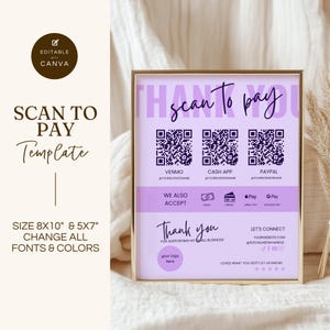 Scan to Pay Schildvorlage, QR-Code Schild für kleine Unternehmen, bearbeitbare Canva Vorlage, CashApp Venmo Zelle Digitale Zahlung, Y2K Lila, GMS011