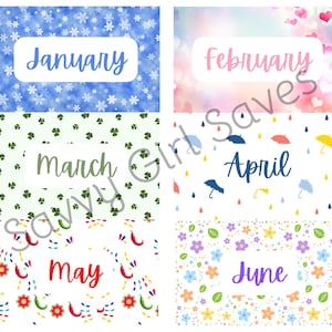 May include: A collage of four seasonal calendar cards. January features snowflakes, February has hearts, March has shamrocks, and April shows umbrellas and raindrops. The months of May and June are also visible, with floral and chili pepper designs.