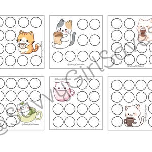 Op de afbeelding: Een printbaar vel met zes verschillende afbeeldingen van schattige katten die mokken vasthouden. Elke afbeelding heeft een raster van 36 cirkels, waarvan sommige zijn ingevuld. De tekst "@SavvyGirlSaves" staat op elke afbeelding.