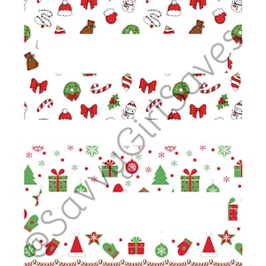 May include: Four different Christmas themed seamless patterns. The first pattern features red and green ornaments, candy canes, bows, and snowmen. The second pattern features wreaths, candy canes, bows, and snowmen. The third pattern features presents, snowflakes, Christmas trees, and ornaments. The fourth pattern features presents, snowflakes, mittens, and Santa hats.