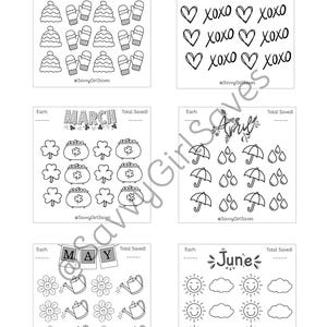 May include: A printable chart with a black and white illustration of a calendar for each month of the year. Each month has a different theme, such as mittens for January, hearts for February, shamrocks for March, umbrellas for April, flowers for May, and suns for June. The chart is designed for saving money and includes a space to track the total saved each month.