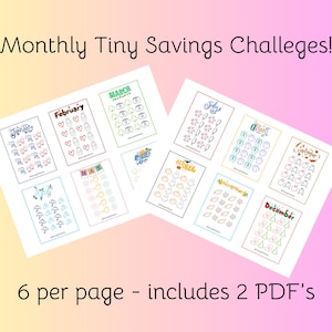 Può includere: Un set stampabile di 12 tracker per sfide di risparmio mensili. Ogni tracker presenta un tema diverso per ogni mese dell'anno. I tracker sono progettati per essere stampati su 6 per pagina e includono 2 PDF.