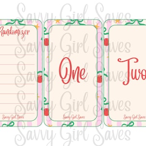 May include: Three rectangular cards with a pink and white striped border featuring green ribbons, yellow stars, and red ornaments. The first card is labeled Randomizer with numbers 1 through 8. The second card displays the word One, and the third displays Two.
