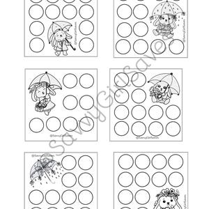 May include: Black and white printable counting activity featuring a bunny rabbit holding an umbrella with raindrops. The printable includes 4 different scenes with 10 circles each for counting.
