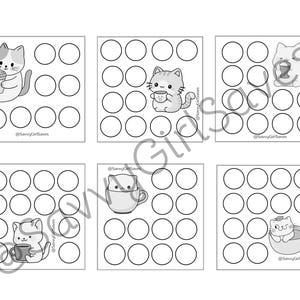 May include: Six printable black and white cat-themed count-the-dots activity sheets. Each sheet features a different cat illustration holding a cup of coffee or tea. The sheets are designed for children to count the dots and practice their number recognition skills.