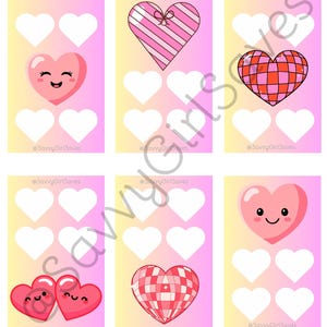 Puede incluir: Una hoja de seis tarjetas con temática de San Valentín. Cada tarjeta presenta un diseño de corazón, con variaciones que incluyen rayas, un patrón de cuadrícula y caras sonrientes. El fondo hace la transición de amarillo a rosa. El texto "@SavvyGirlSaves" está en la parte inferior de cada tarjeta.