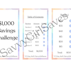 May include: Three-panel design with a pastel rainbow border. The left panel reads "$1,000 Savings Challenge." The center panel is a table of contents. The right panel lists amounts from $15 to $40, totaling $150.