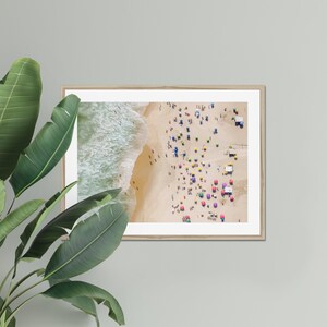 Aerial view of Ipanema Beach showing people sunbathing and relaxing during summer in Rio de Janeiro, Brazil, fun wall decor over the bed.