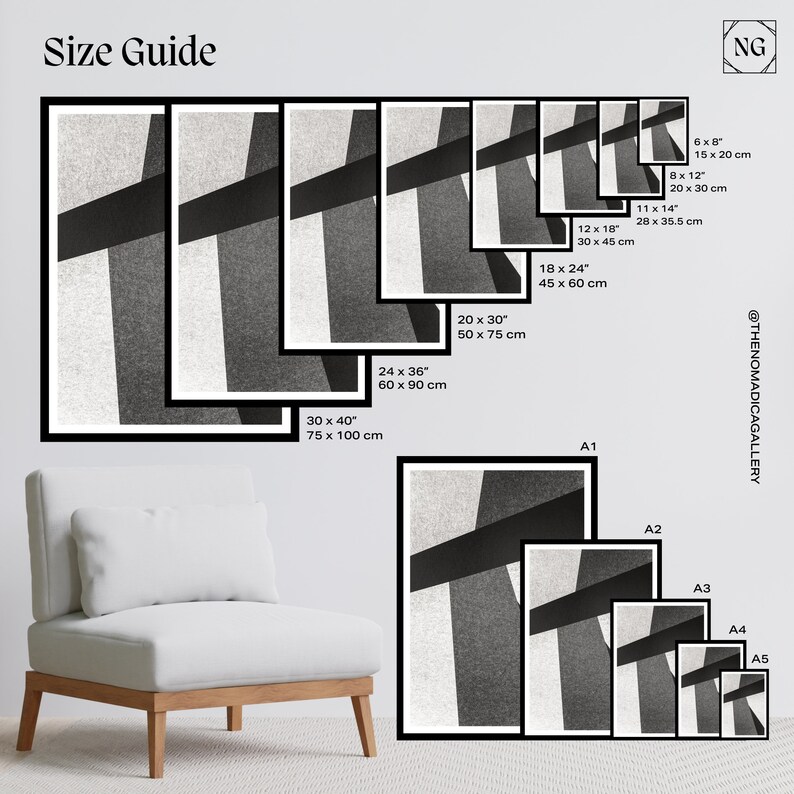 Pode incluir: Guia de tamanhos para uma impress&atilde;o geom&eacute;trica abstrata em preto e branco. A impress&atilde;o est&aacute; dispon&iacute;vel em 10 tamanhos diferentes, que v&atilde;o de 15 x 20 cm a 75 x 100 cm. A impress&atilde;o &eacute; mostrada em uma moldura preta.