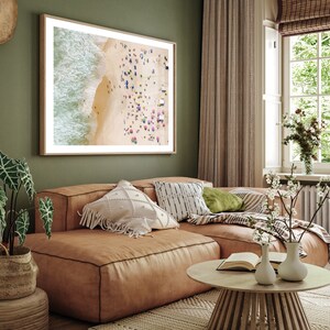 Aerial view of Ipanema Beach showing people sunbathing and relaxing during summer in Rio de Janeiro, Brazil, fun wall decor over the bed.