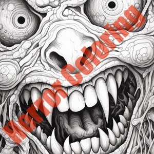 May include: A black and white pencil drawing of a monstrous creature with a wide open mouth, sharp teeth, and a grotesque face.