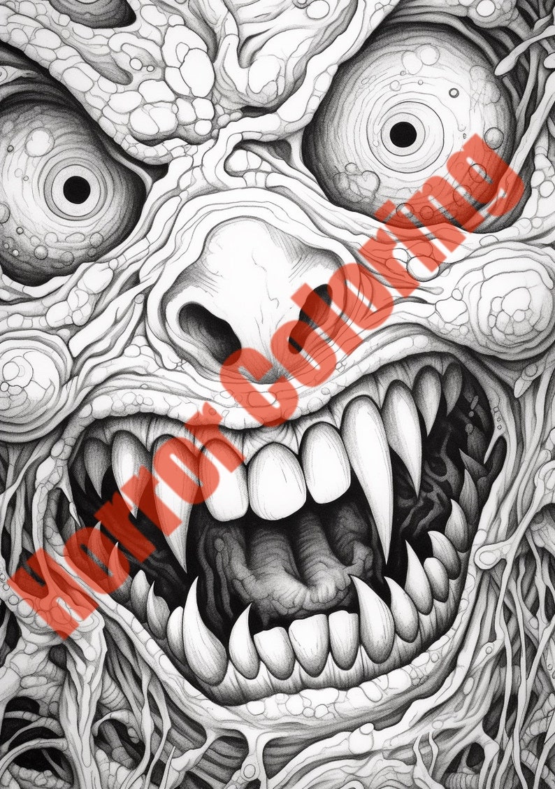 May include: A black and white pencil drawing of a monstrous creature with a wide open mouth, sharp teeth, and a grotesque face.
