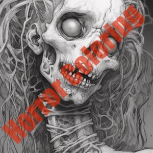 May include: A black and white pencil drawing of a skeletal figure with long, tangled hair. The figure's face is partially obscured by the hair, but the exposed features show a large, empty eye socket and a gaping mouth with teeth.