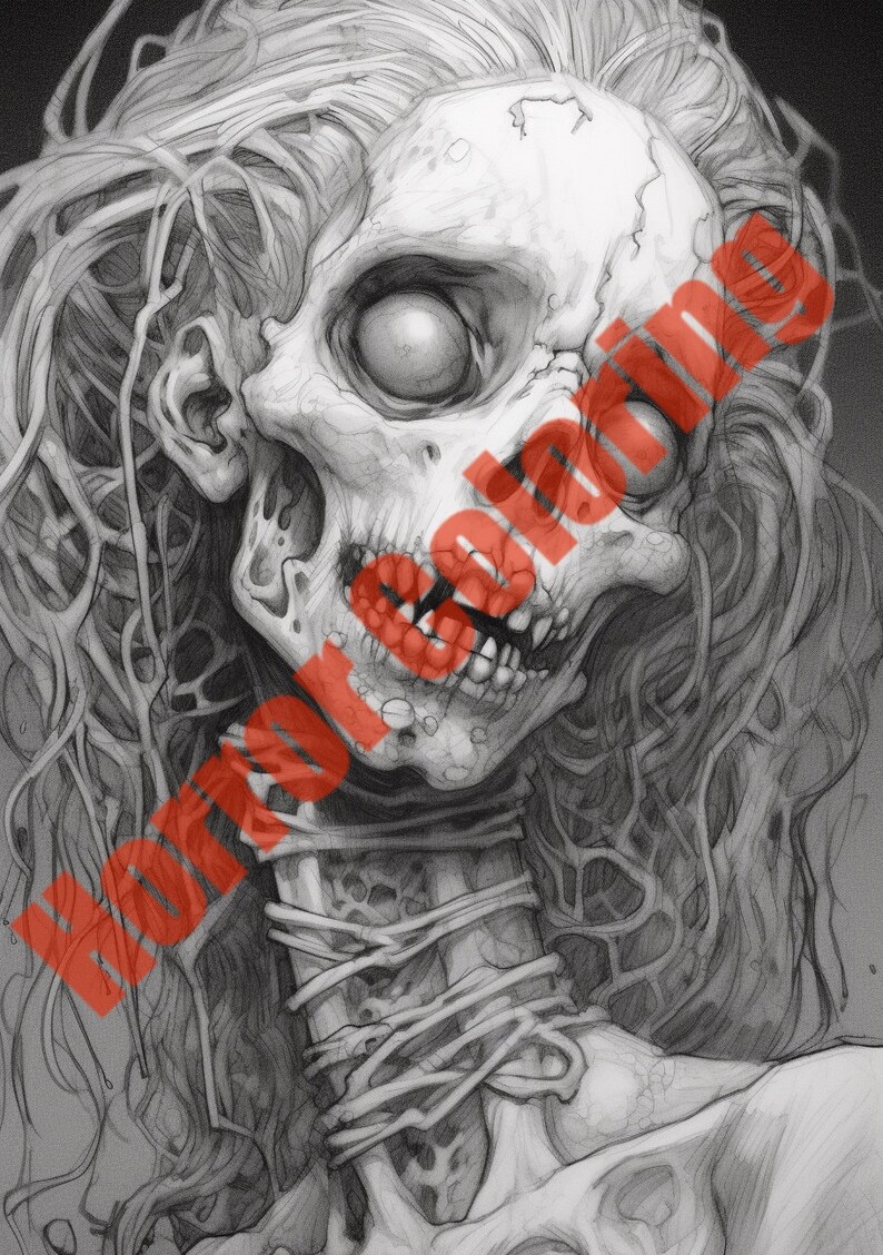 May include: A black and white pencil drawing of a skeletal figure with long, tangled hair. The figure's face is partially obscured by the hair, but the exposed features show a large, empty eye socket and a gaping mouth with teeth.