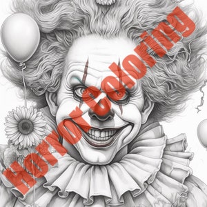 May include: A black and white pencil drawing of a creepy clown with a wide, toothy grin. The clown is wearing a ruffled collar and has a red nose. The clown is surrounded by flowers and balloons.