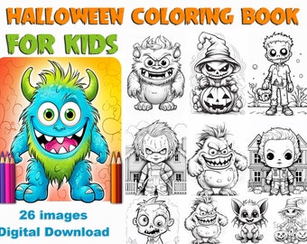 Halloween Coloring Book For Kids, Monster Horror Coloring Images For Instant Download