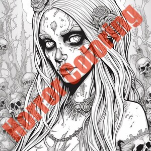 May include: A black and white illustration of a woman with long, flowing hair. She has a skull on her shoulder and roses in her hair. The background is filled with skulls.