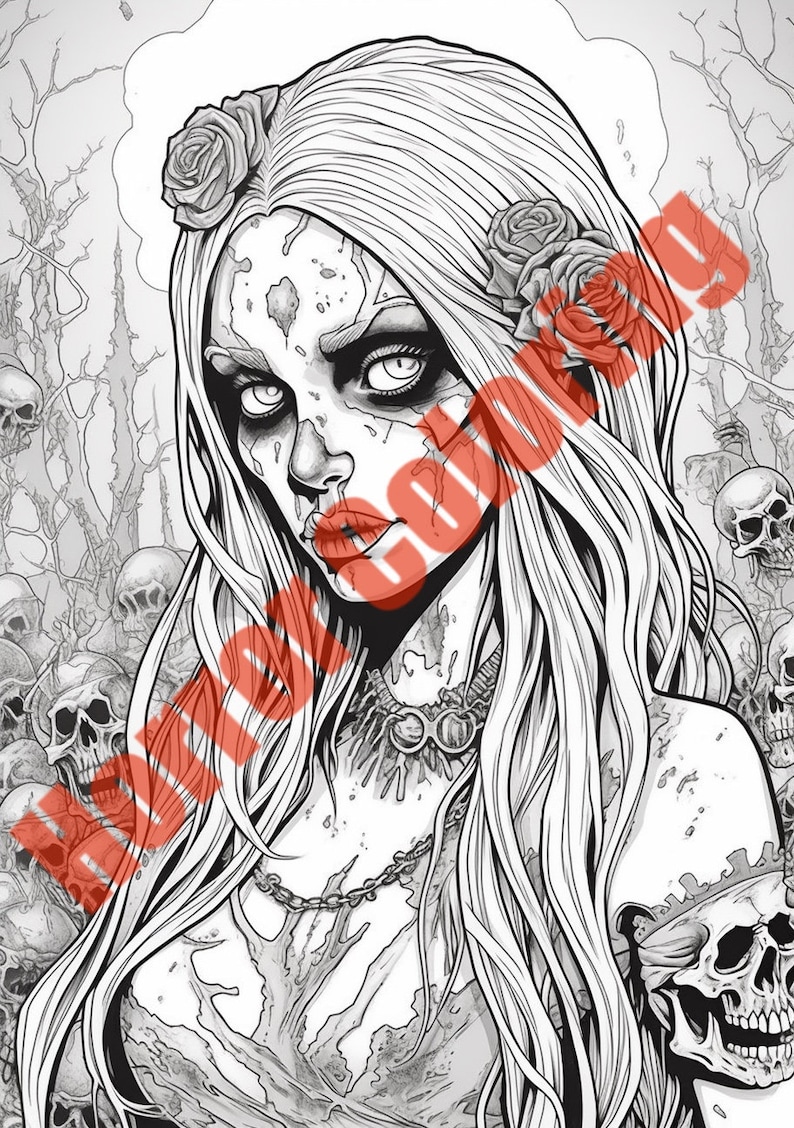 May include: A black and white illustration of a woman with long, flowing hair. She has a skull on her shoulder and roses in her hair. The background is filled with skulls.