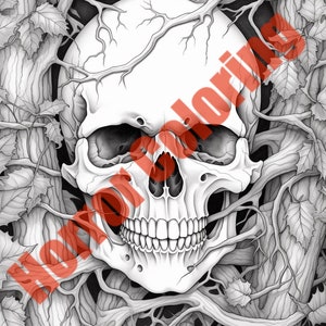 May include: A black and white illustration of a human skull surrounded by branches and leaves.