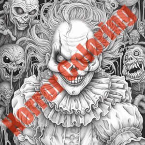 May include: A black and white drawing of a creepy clown with a wide, toothy grin. The clown is surrounded by other grotesque faces, all with sharp teeth and menacing expressions.