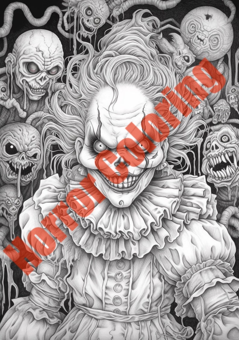 May include: A black and white drawing of a creepy clown with a wide, toothy grin. The clown is surrounded by other grotesque faces, all with sharp teeth and menacing expressions.