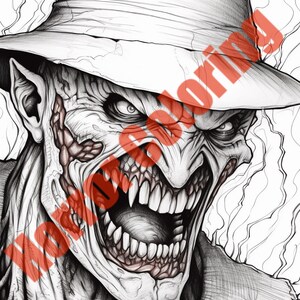 May include: A black and white pencil drawing of a monstrous creature with sharp teeth and a wide open mouth. The creature is wearing a wide-brimmed hat.