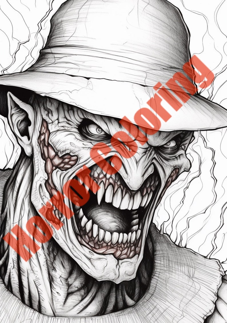 May include: A black and white pencil drawing of a monstrous creature with sharp teeth and a wide open mouth. The creature is wearing a wide-brimmed hat.