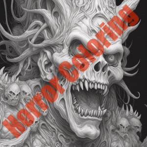 May include: A detailed black and white illustration of a monstrous skull with a gaping maw, surrounded by smaller skulls and intricate, organic patterns.