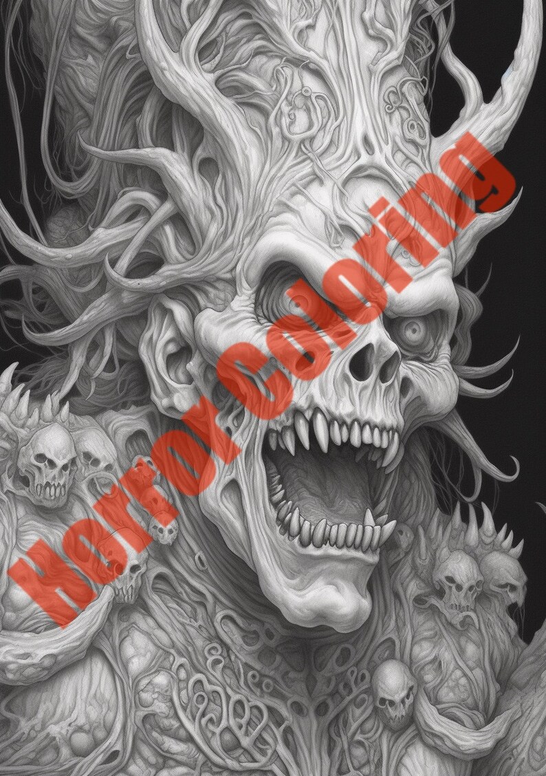 May include: A detailed black and white illustration of a monstrous skull with a gaping maw, surrounded by smaller skulls and intricate, organic patterns.