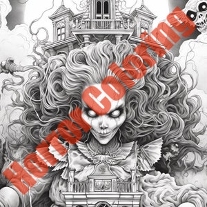 May include: A black and white illustration of a haunted house with a ghostly figure with long hair and a creepy smile. The house is surrounded by fog and vines.