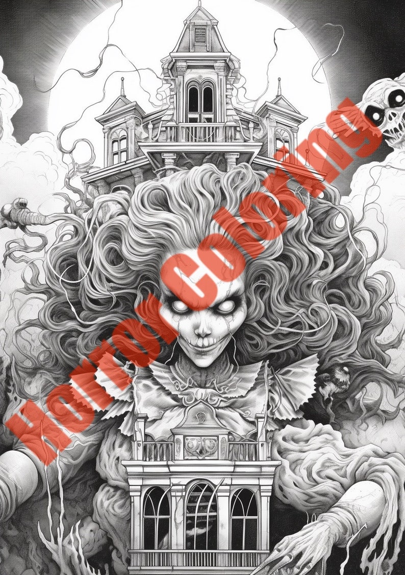 May include: A black and white illustration of a haunted house with a ghostly figure with long hair and a creepy smile. The house is surrounded by fog and vines.