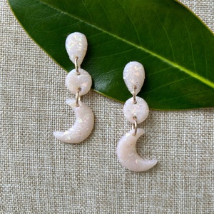 Iridescent Moon (Opalesque; Crescent, Teardrop) - Handmade, Lightweight, Polymer Clay Earrings